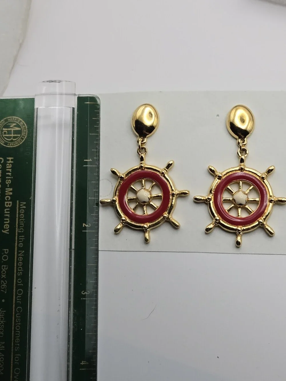 Avon Gold & Red Nautical Ship Wheel Earrings Vintage Style